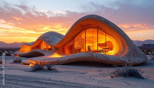 Desert Haven: This photo depicts a unique, organic-shaped structure nestled within a serene desert landscape during the magic hour, featuring flowing architectural lines.