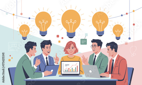 Dynamic team brainstorming innovative solutions during collaborative meetings, generating exciting ideas for business growth, and celebrating success with data analysis