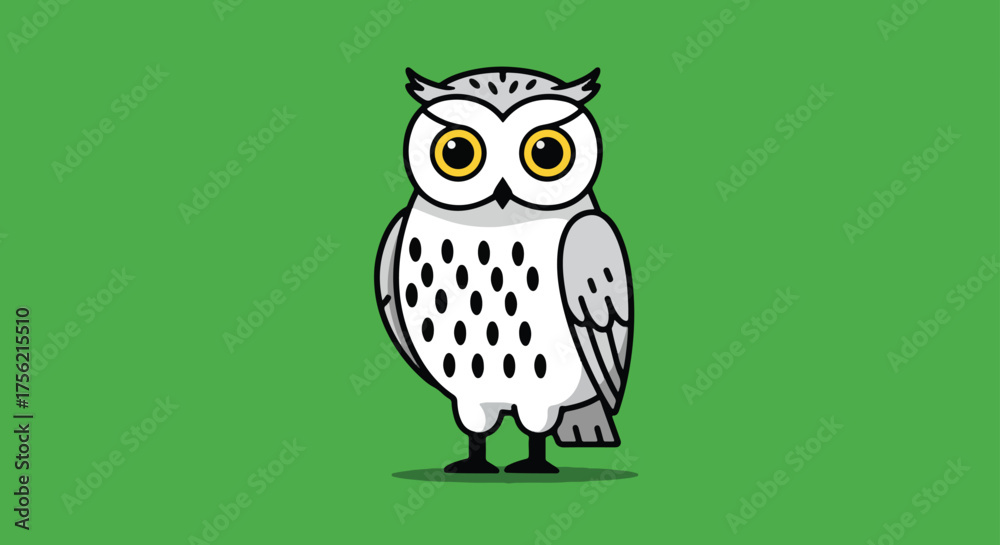 Obraz premium Cartoon owl with big eyes and white feathers on green background