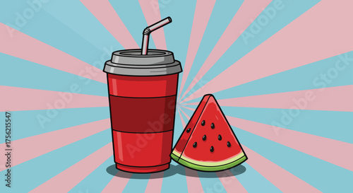 Red soda cup with straw and slice of watermelon on striped background