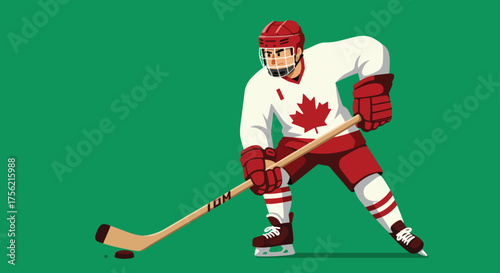 Canadian hockey player with maple leaf emblem on jersey