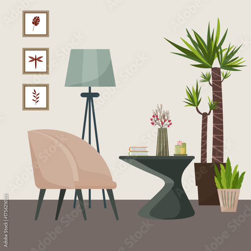 A cozy modern living room interior design. An armchair with a floor lamp, a modern coffee table with a vase and books, green potted plants, and decorative paintings on the wall. Vector illustration