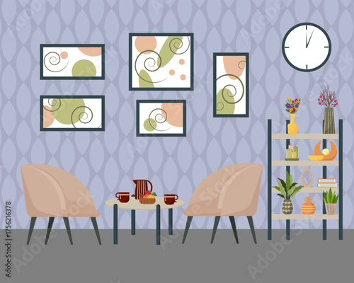 Living room interior. Two armchairs and a table. Home comfort concept. Homey furnishings. Plant stand. Paintings on the wall. Vector illustration