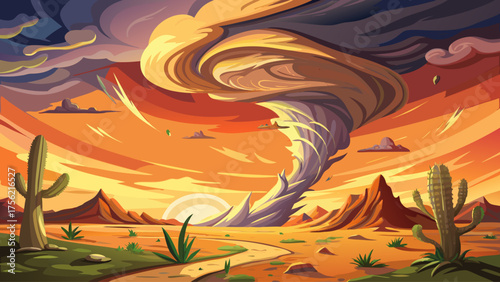 Massive tornado crossing a desert plain, sand swirling in air, orange sky glowing at sunset, lone cactus standing nearby showing scale of power and motion