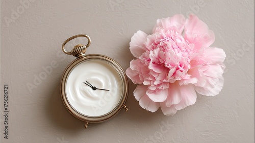 Vintage Pocket Watch with White Cream and Pink Peony Flower on Neutral Background
