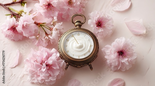 Vintage Pocket Watch Surrounded by Pink Cherry Blossoms and Petals on White Surface