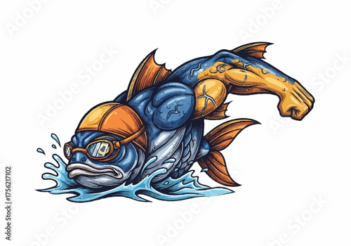 Muscular Fish Character with Swimming Gear and Determined Expression.