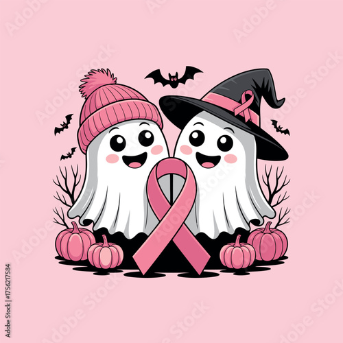 Breast Cancer Awareness: Adorable cartoon ghosts with pink ribbons support breast cancer awareness, promoting health and hope with festive charm and empathy.