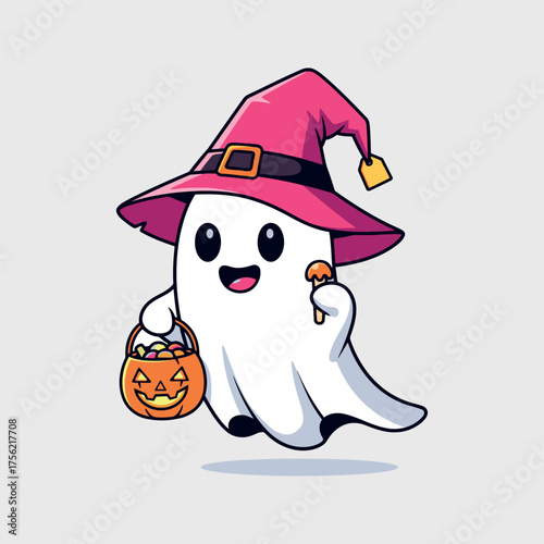 Cute Halloween Ghost Wearing Witch Hat Holding Pumpkin Bucket