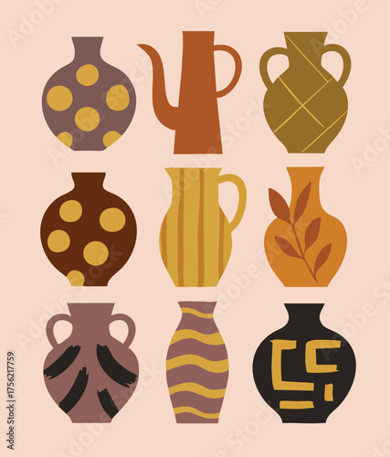 Ceramic Pots Design Decorative Jug Antique Earthenware Pottery Container Decoration Art Print Vector Design