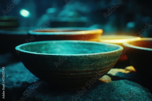 Ancient stone bowls resting on textured surfaces, illuminated by soft light