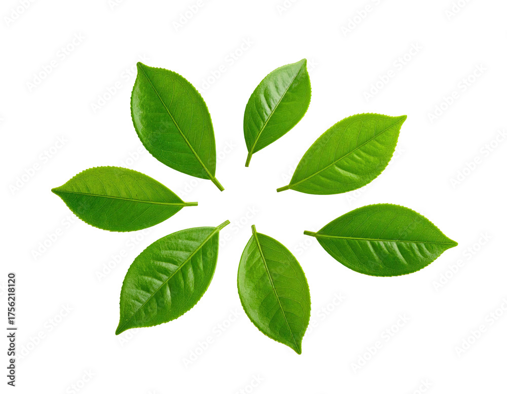 Fototapeta premium Seven green leaves arranged in a circular pattern against a stark, black background