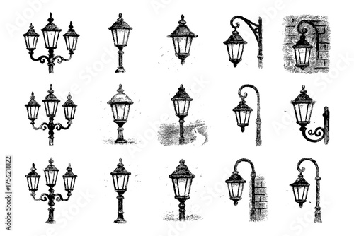 Vintage street lamp collection in detailed sketch style