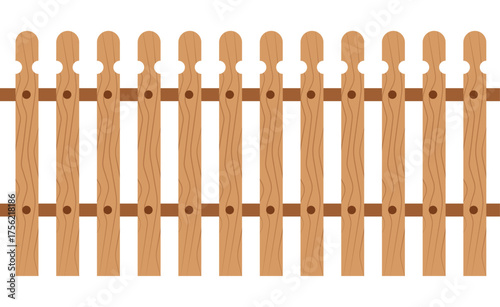 Minimalist wooden picket fence vector with light/dark brown planks, horizontal rail, and simple wood grain. Round holes, plain white background. Flat design, children's illustration style.