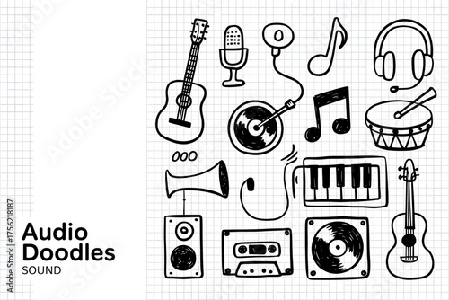 Handdrawn musical doodles featuring guitars microphones headphones drums pianos speakers and cassette tapes perfect for musicthemed designs and creative projects