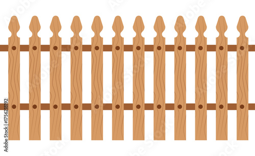 Minimalist wooden picket fence vector with light/dark brown planks, horizontal rail, and simple wood grain. Round holes, plain white background. Flat design, children's illustration style.