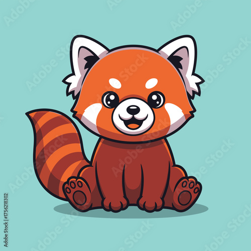 Cute red panda sitting calmly with big tail on green background, simple cartoon vector illustration