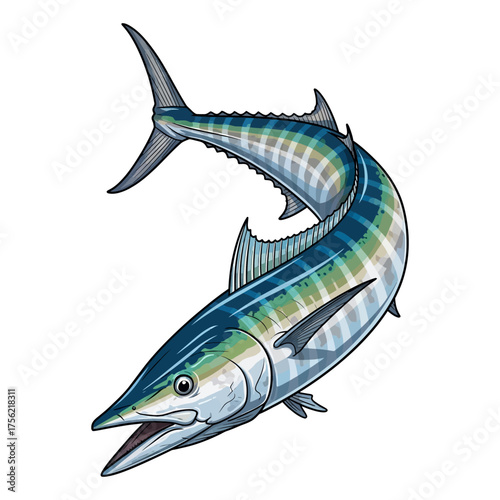 wahoo fish with stripes in a dynamic swimming pose