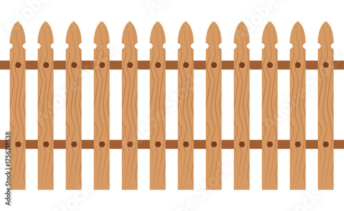 Minimalist wooden picket fence vector with light/dark brown planks, horizontal rail, and simple wood grain. Round holes, plain white background. Flat design, children's illustration style.	
