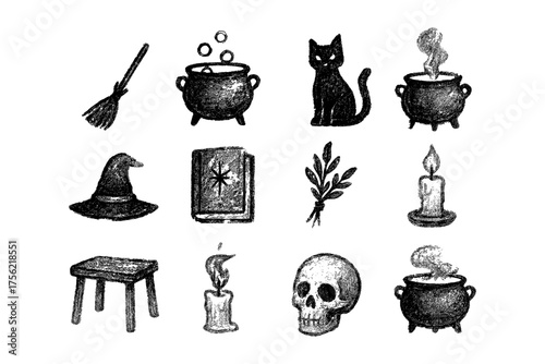Hand drawn witchy elements: cauldrons, black cat, hat, skull, and more in grunge style