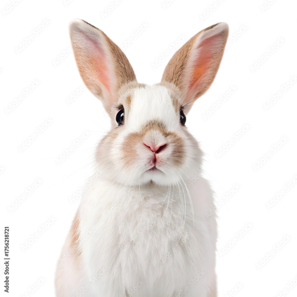 Fototapeta premium Close up portrait of a cute rabbit isolated on transparent background, looking at camera