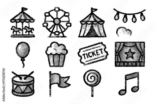 Chalk style carnival icons including carousel, ferris wheel, and circus tent