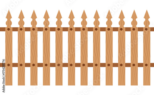 Minimalist wooden picket fence vector with light/dark brown planks, horizontal rail, and simple wood grain. Round holes, plain white background. Flat design, children's illustration style.	