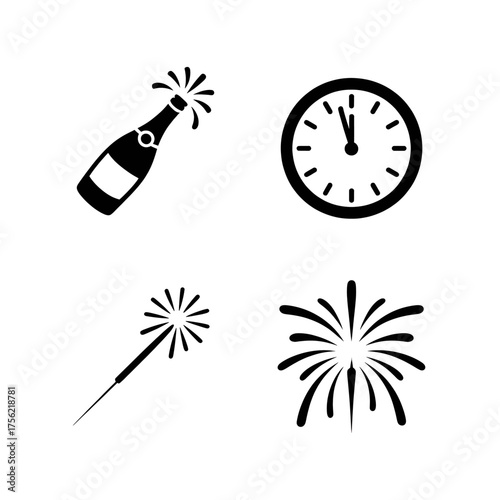 New year's eve celebration icons featuring a champagne bottle clock striking midnight sparkler and fireworks perfect for holiday greetings and festive designs vector illustration