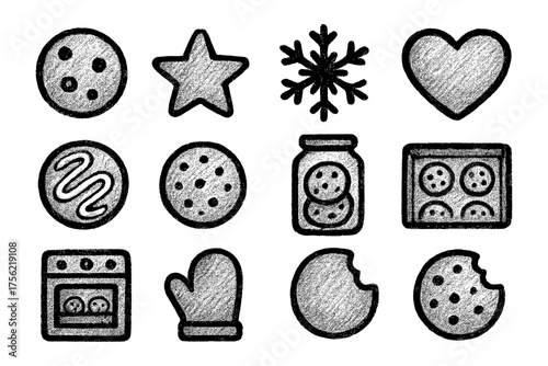 Chalk style cookie and baking icons set featuring hearts, stars, and snowflakes