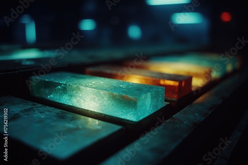 Illuminated blocks showcase vibrant colors in dimly lit industrial setting