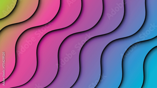 Vibrant abstract background with flowing wavy lines in a rainbow gradient of colors and soft shadows