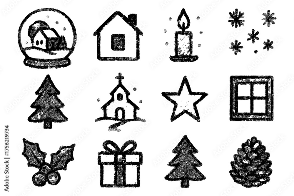 Fototapeta premium Chalk style christmas icons: snow globe, candle, gift, pine cone, and more