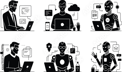 AI-Powered Workforce Automation and Digital Transformation Solutions Featuring Humanoid Robots and Professionals Optimizing Processes with Tech