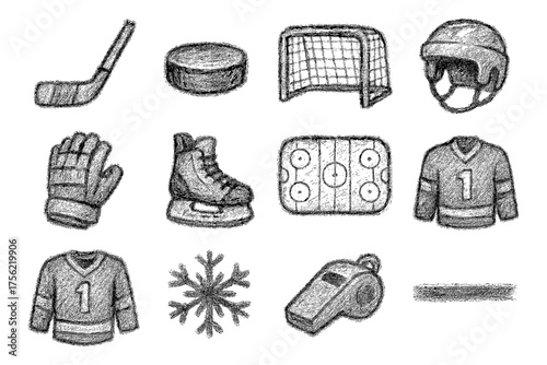 Chalk style hockey icons set featuring gear, rink, and snowflake elements
