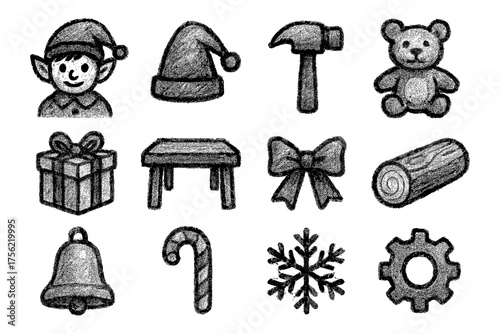 Chalk style christmas and holiday icons set featuring elf, teddy bear, gift, and tools