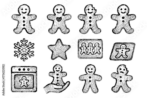 Chalk style gingerbread figures and baking icons with snowflake