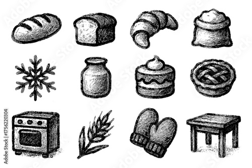 Chalk style bakery elements: bread, pastry, ingredients, and oven set