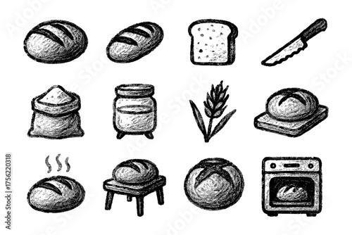 Sketch style bread and baking elements with loaf, slices, wheat, and oven