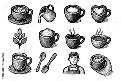 Hand drawn coffee cup and barista set with decorative details
