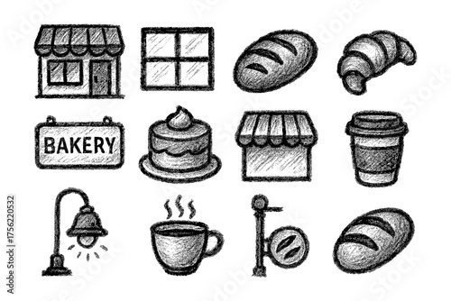 Hand drawn bakery icons: bread, cake, coffee, croissant, shop