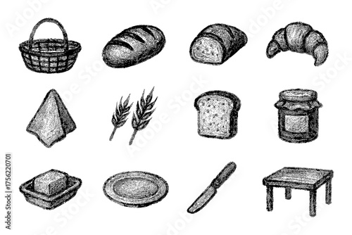 Rustic hand-drawn bakery elements with bread, pastries, and tableware