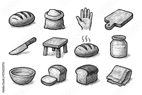 Charcoal sketch bakery icons: bread, pastries, kitchen tools, and ingredients