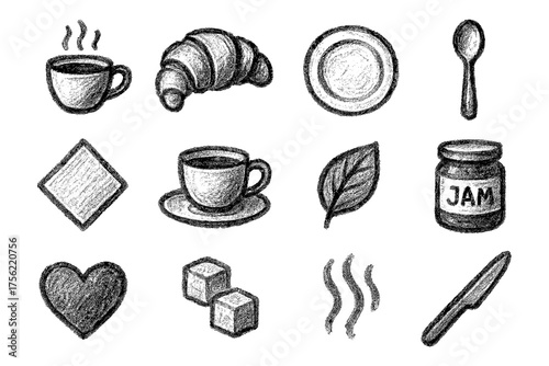 Chalk style breakfast icons featuring coffee, croissant, utensils, and jam