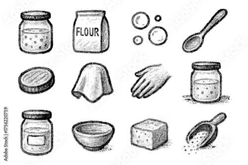 Hand-drawn baking ingredients and tools set for creative kitchen projects