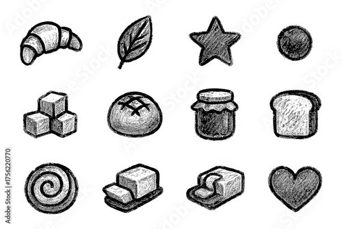 Chalk style breakfast icons featuring pastries, bread, and spread