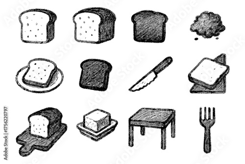 Hand drawn bread and kitchen utensils collection in chalk style