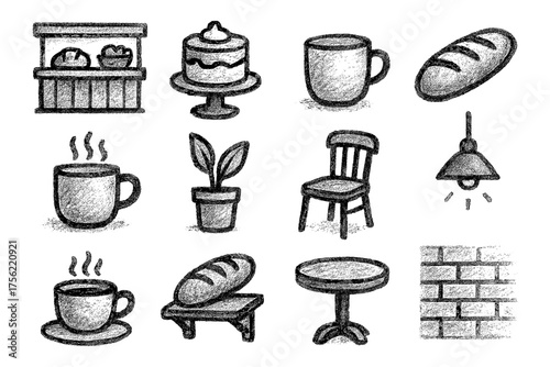 Chalk style cafe icons with food, furniture, and decor elements