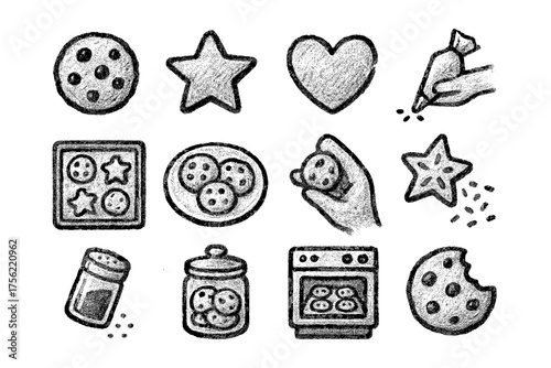 Chalk style cookie baking icons: heart, star, cookie jar, and oven elements