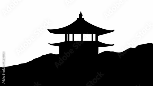 Silhouette of a pagoda style building with multiple roofs on a hilltop against a white background scene view