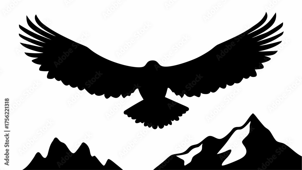 Obraz premium Silhouette of an eagle flying over mountains with its wings spread wide against a white background view